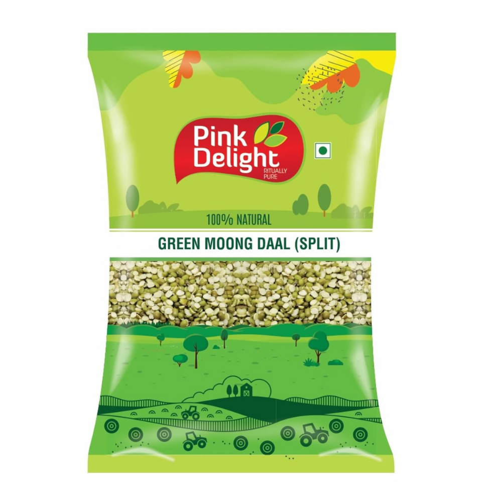 Pink Delight Premium Moong Hari Daal | Dry and Unpolished | Green Gram Split | Moong Chilka Daal | 500 Gm Pack