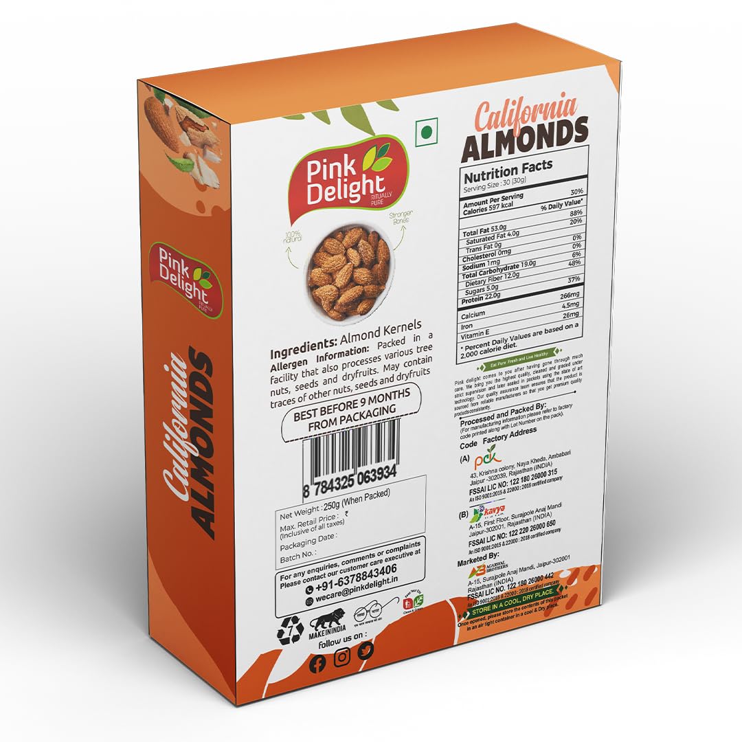 Pink Delight 100% Natural Premium California Dried Almonds 250g Box Pack | Premium Badam Giri | High in Fiber & Boost Immunity | Real Nuts | Gluten Free
