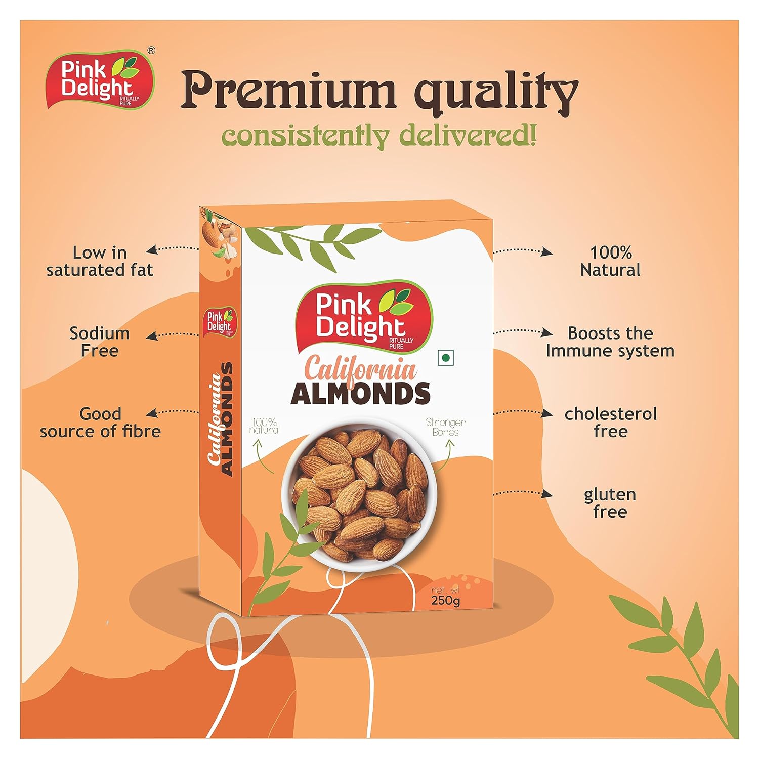 Pink Delight 100% Natural Premium California Dried Almonds 250g Box Pack | Premium Badam Giri | High in Fiber & Boost Immunity | Real Nuts | Gluten Free